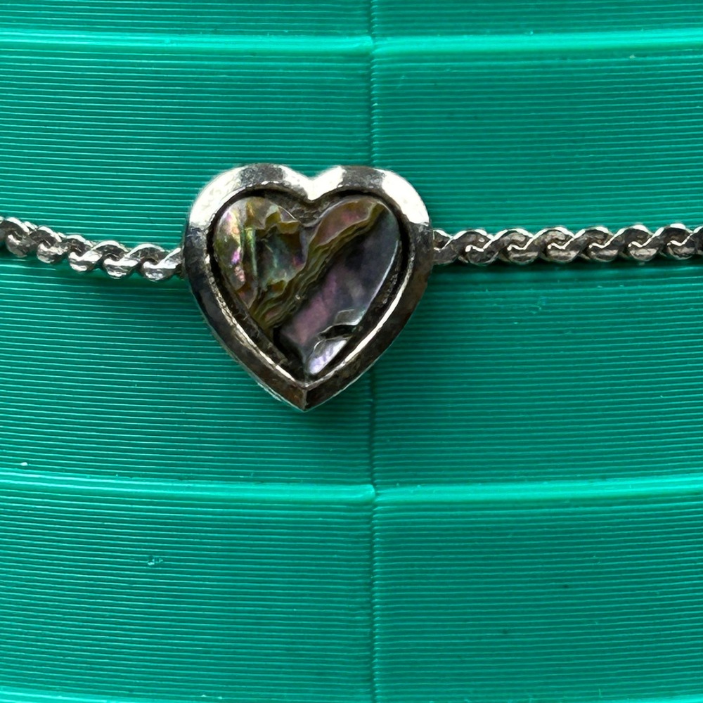 Silver Tone Heart Abalone Shell Inlay Dainty Twisted Chain Bracelet 7.25 Inch